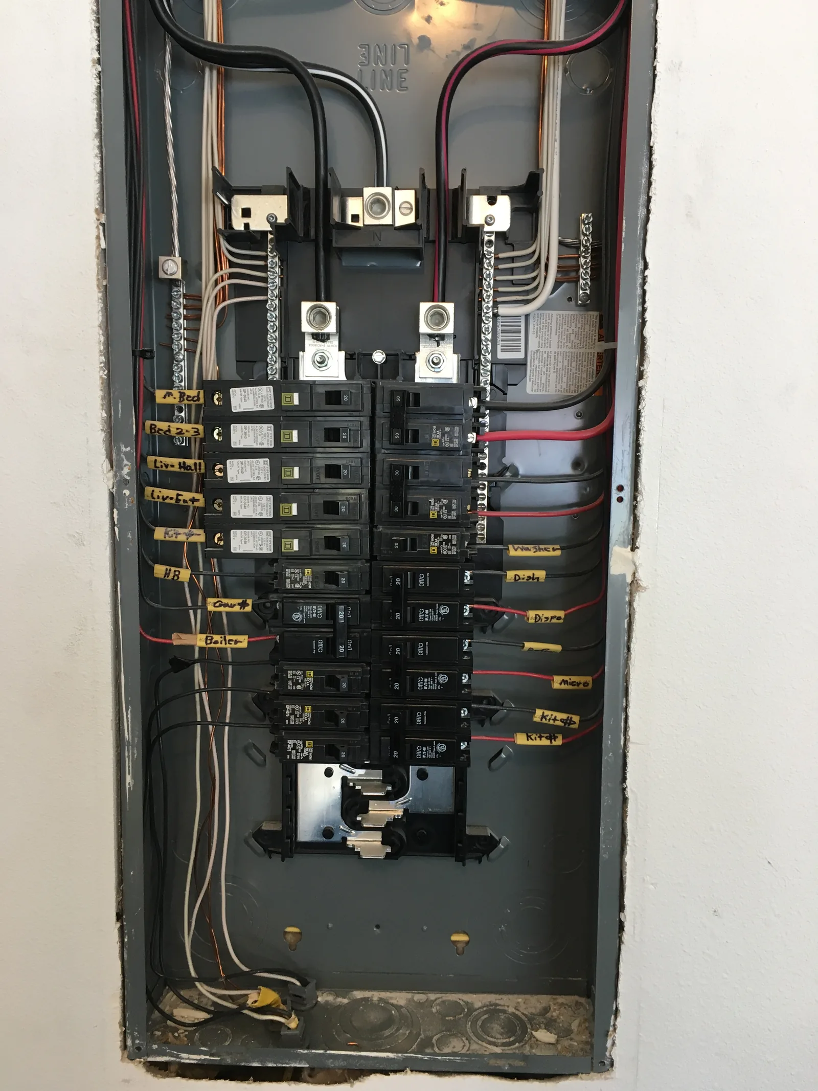 Open electrical panel with neatly labeled breakers, upgraded by AK Sparky's Electric