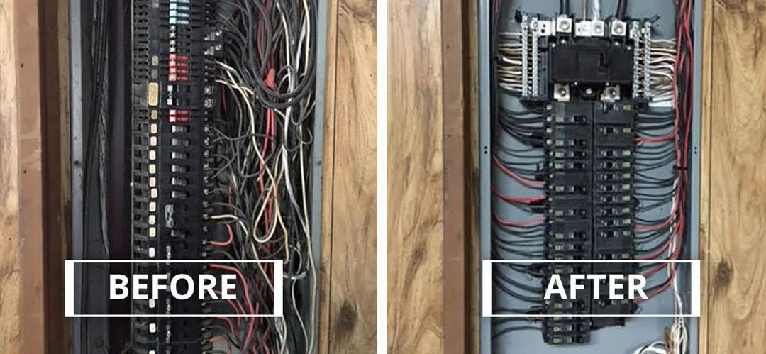 Electrical panel upgrade in Wasilla and Palmer, Alaska, shown before and after